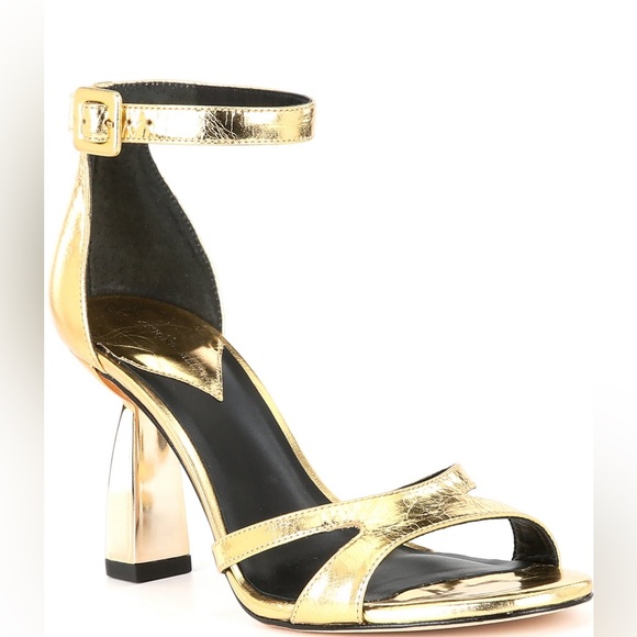 Antonio Melani Calla Leather Double Banded Dress Sandals in Cracked Foil Gold 7